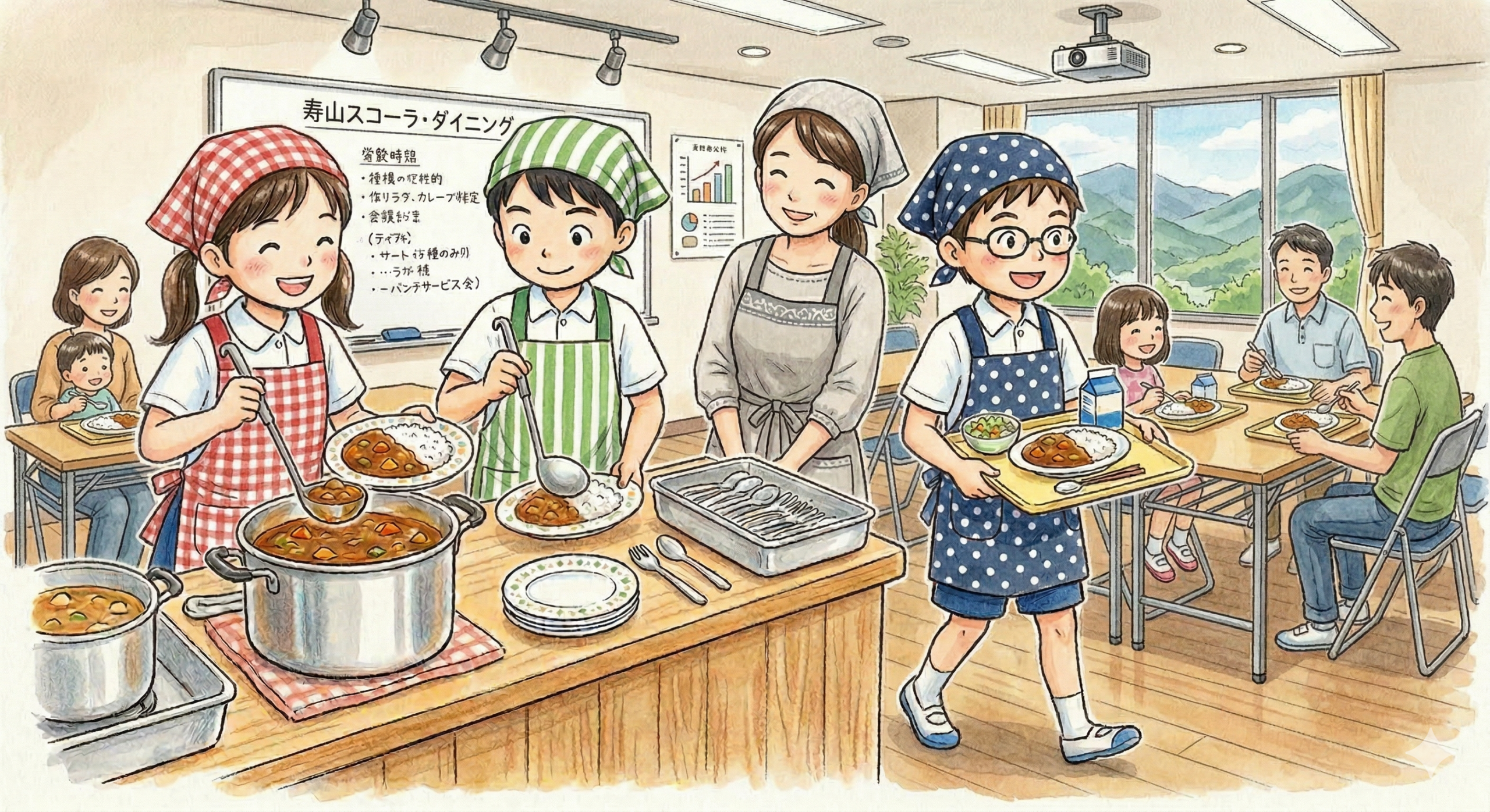 子どもたちがクッキングと配膳をしているイラスト